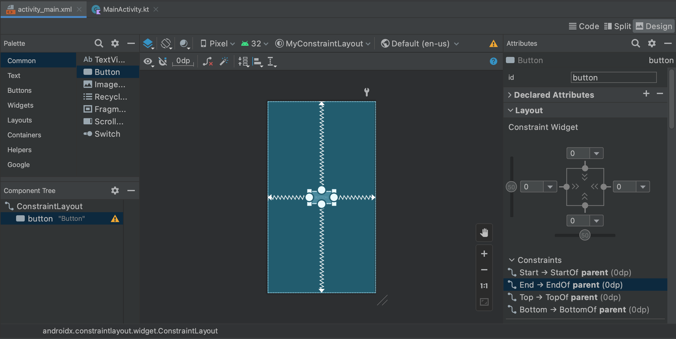 Android Studio design view with constraints